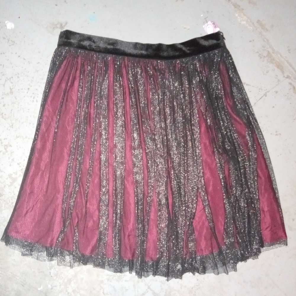 Whimsigoth Pleated Skirt Black Mesh Magenta Lining Velvet Waist Band Fairygoth